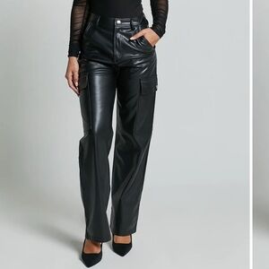 Showpo Black Leather-Look Cargo Trousers